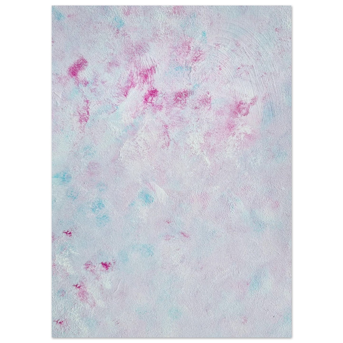 Pastel blue, Feel good one-of-a-kind colorful abstract art poster created from an original painting by up-and-coming scandinavian artist Jeanette Haga as decor against a white wall
