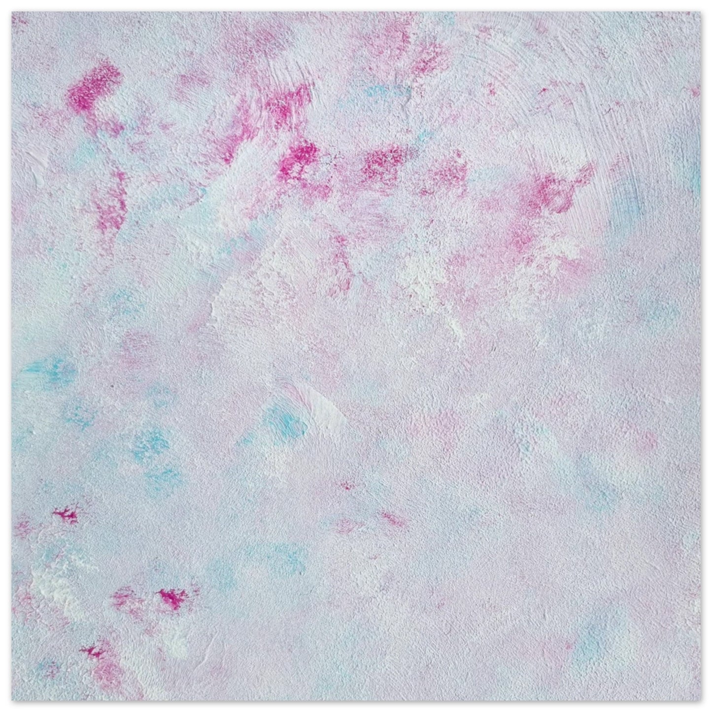 Pastel blue, Feel good one-of-a-kind colorful abstract art poster created from an original painting by up-and-coming scandinavian artist Jeanette Haga as decor against a white wall
