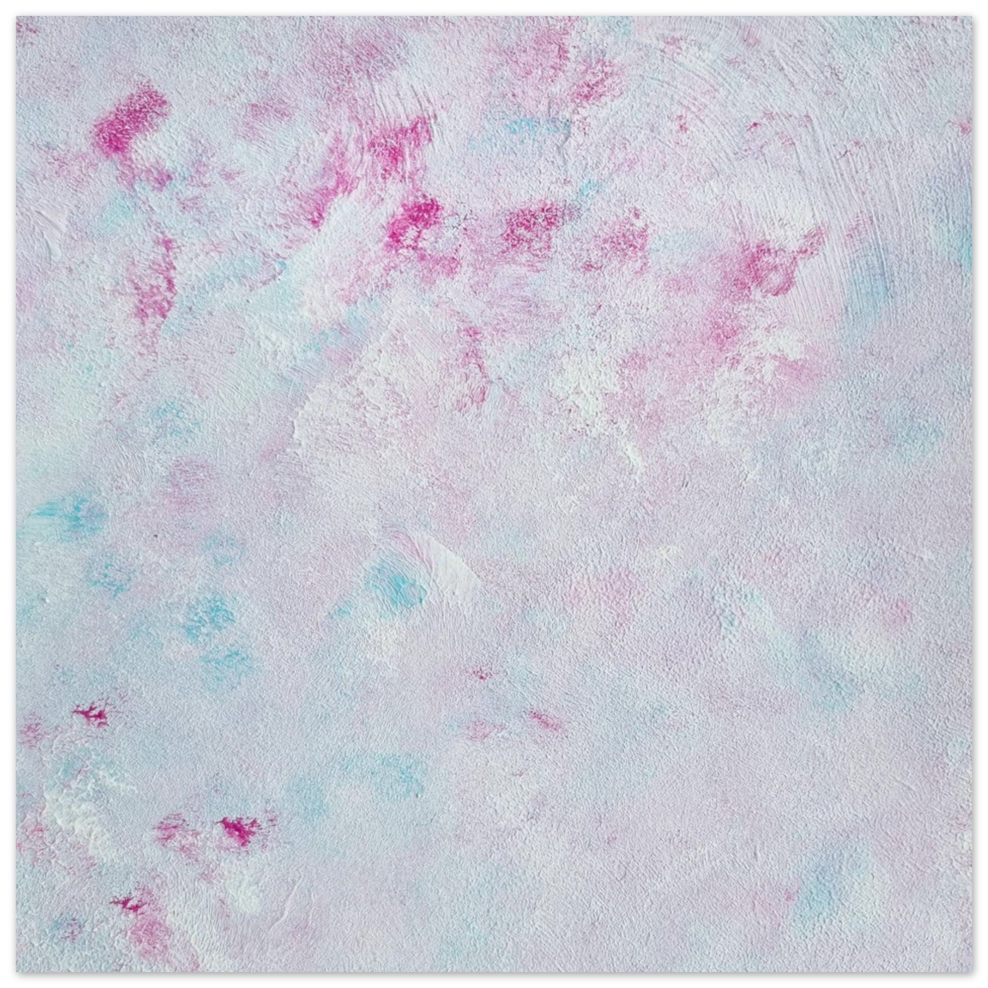 Pastel blue, Feel good one-of-a-kind colorful abstract art poster created from an original painting by up-and-coming scandinavian artist Jeanette Haga as decor against a white wall
