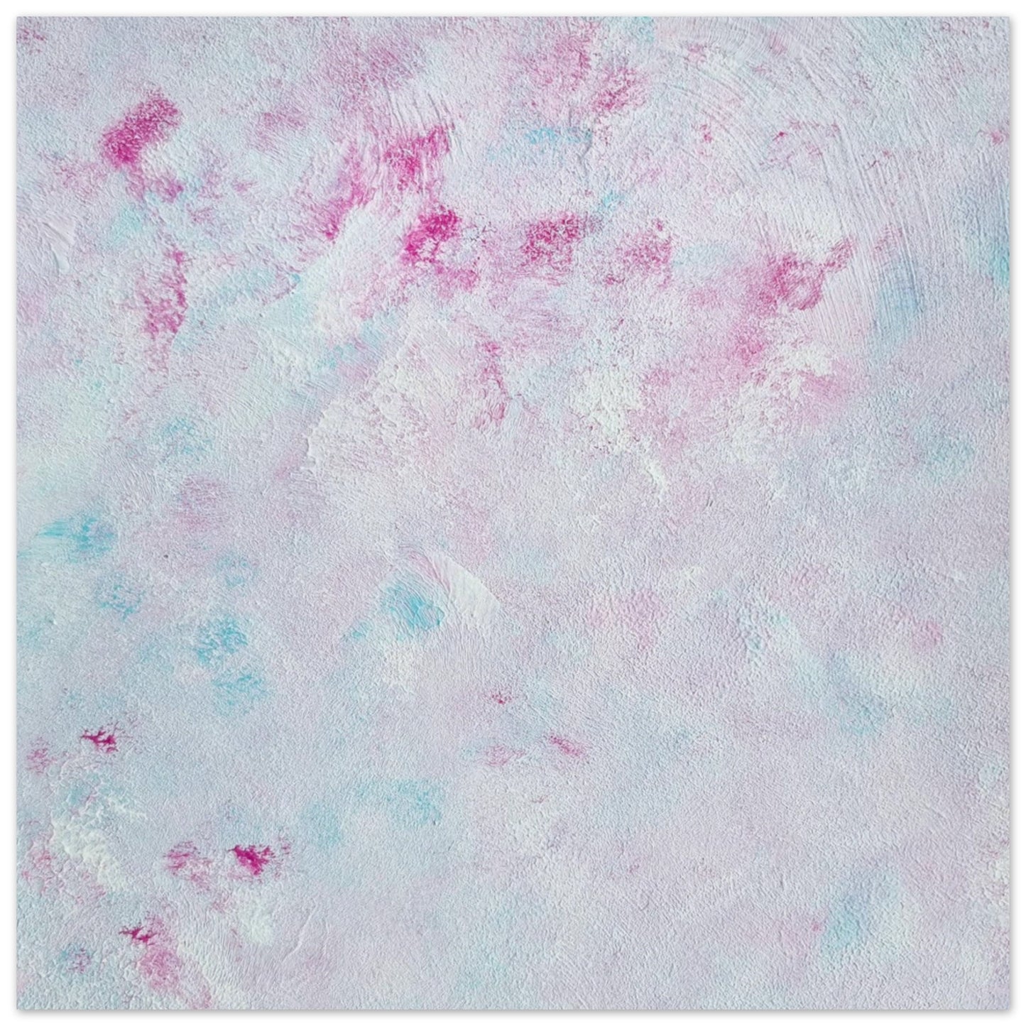Pastel blue, Feel good one-of-a-kind colorful abstract art poster created from an original painting by up-and-coming scandinavian artist Jeanette Haga as decor against a white wall
