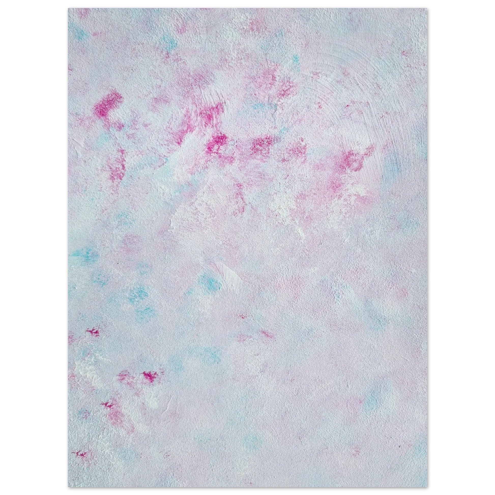 Pastel blue, Feel good one-of-a-kind colorful abstract art poster created from an original painting by up-and-coming scandinavian artist Jeanette Haga as decor against a white wall
