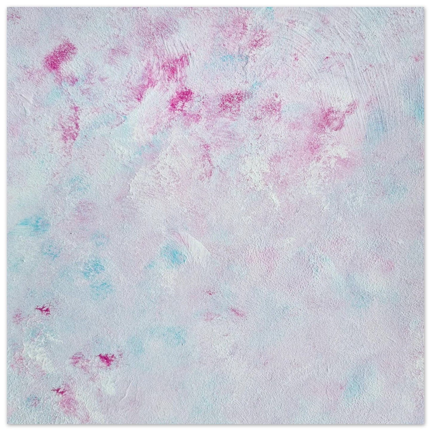 Pastel blue, Feel good one-of-a-kind colorful abstract art poster created from an original painting by up-and-coming scandinavian artist Jeanette Haga as decor against a white wall
