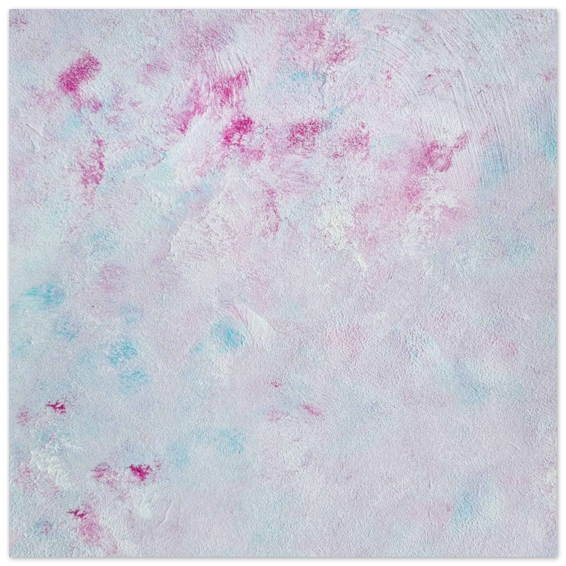 Pastel blue, Feel good one-of-a-kind colorful abstract art poster created from an original painting by up-and-coming scandinavian artist Jeanette Haga as decor against a white wall
