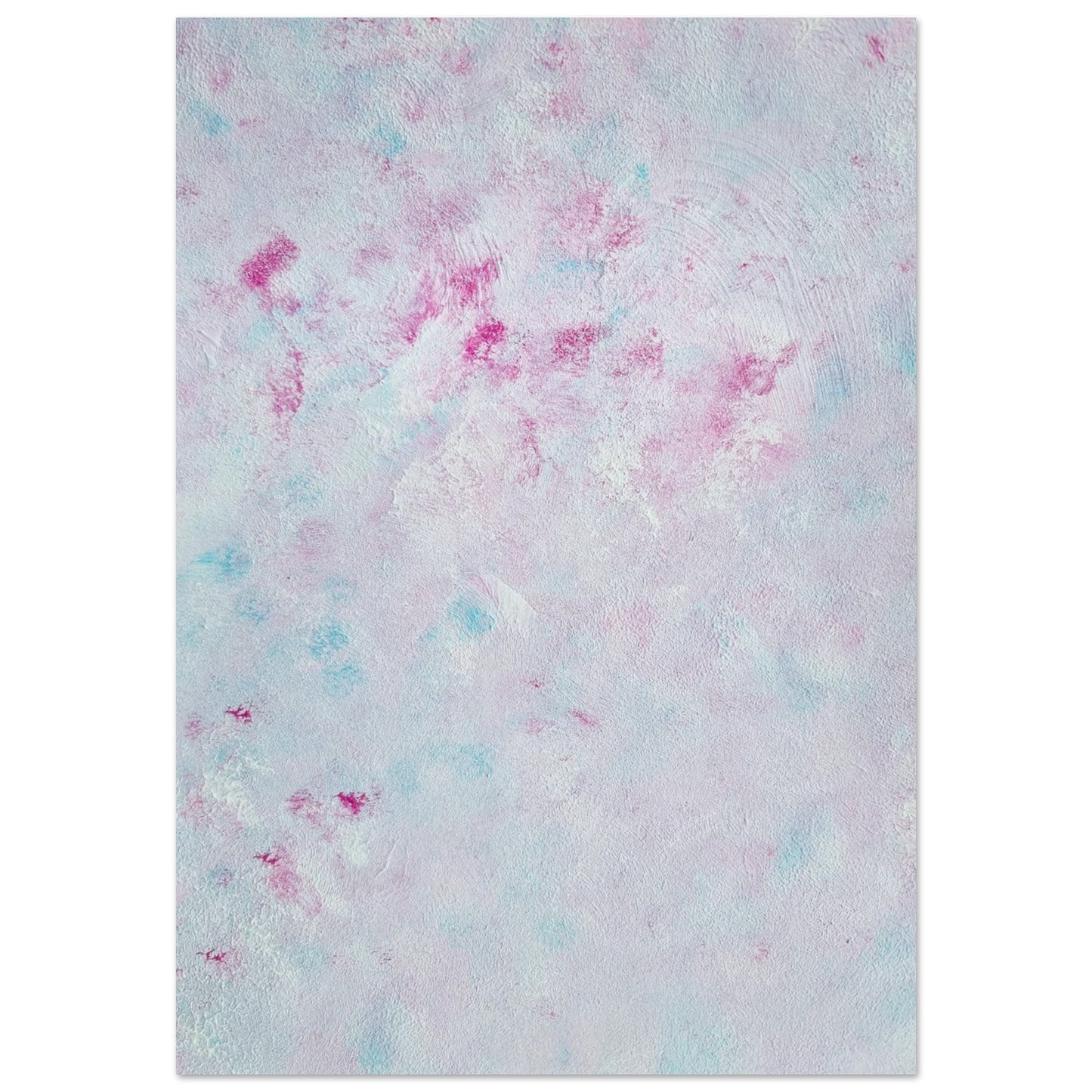 Pastel blue, Feel good one-of-a-kind colorful abstract art poster created from an original painting by up-and-coming scandinavian artist Jeanette Haga as decor against a white wall
