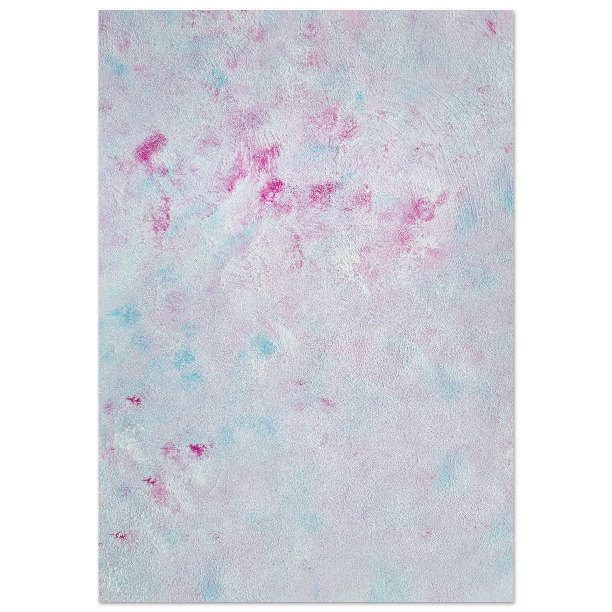 Pastel blue, Feel good one-of-a-kind colorful abstract art poster created from an original painting by up-and-coming scandinavian artist Jeanette Haga as decor against a white wall
