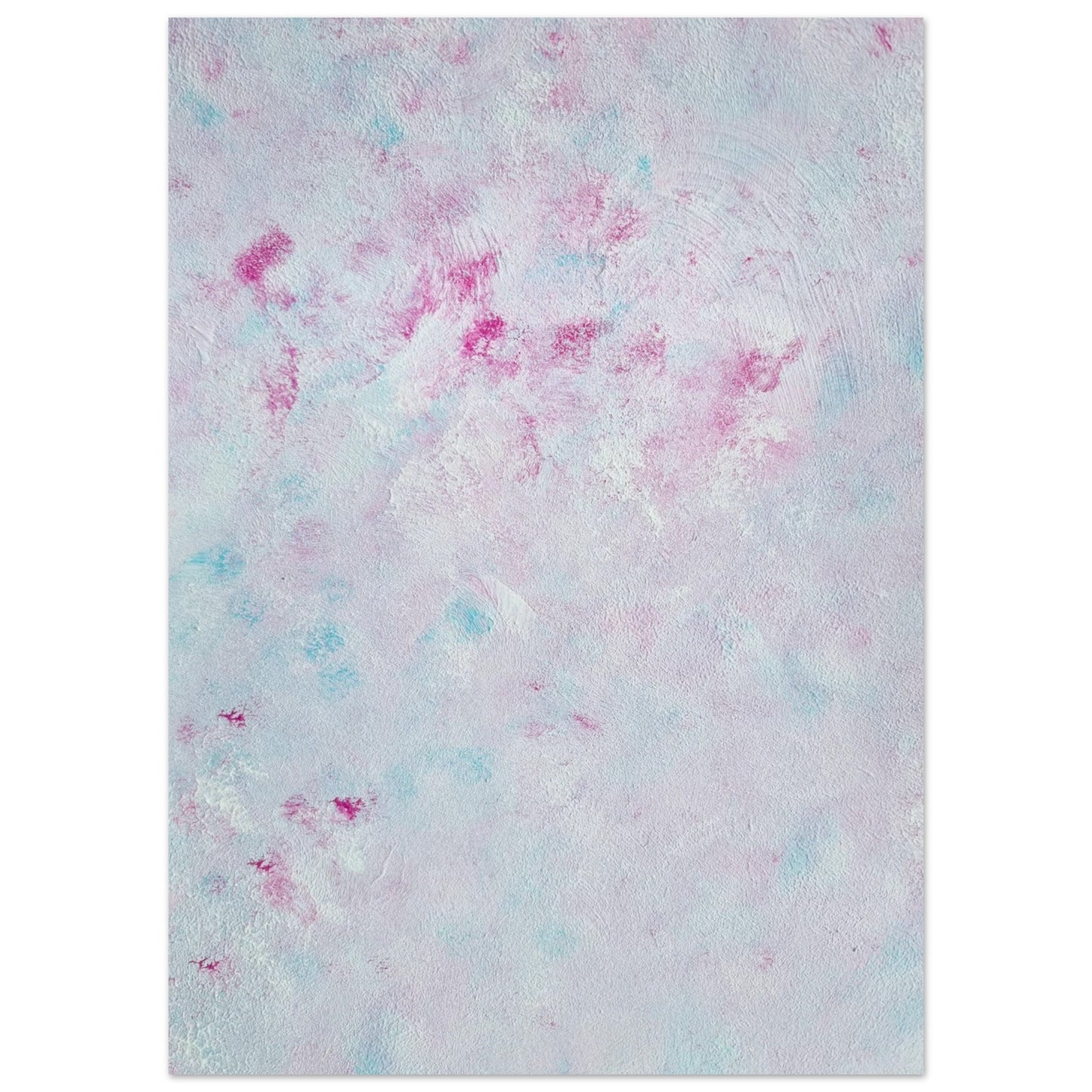 Pastel blue, Feel good one-of-a-kind colorful abstract art poster created from an original painting by up-and-coming scandinavian artist Jeanette Haga as decor against a white wall
