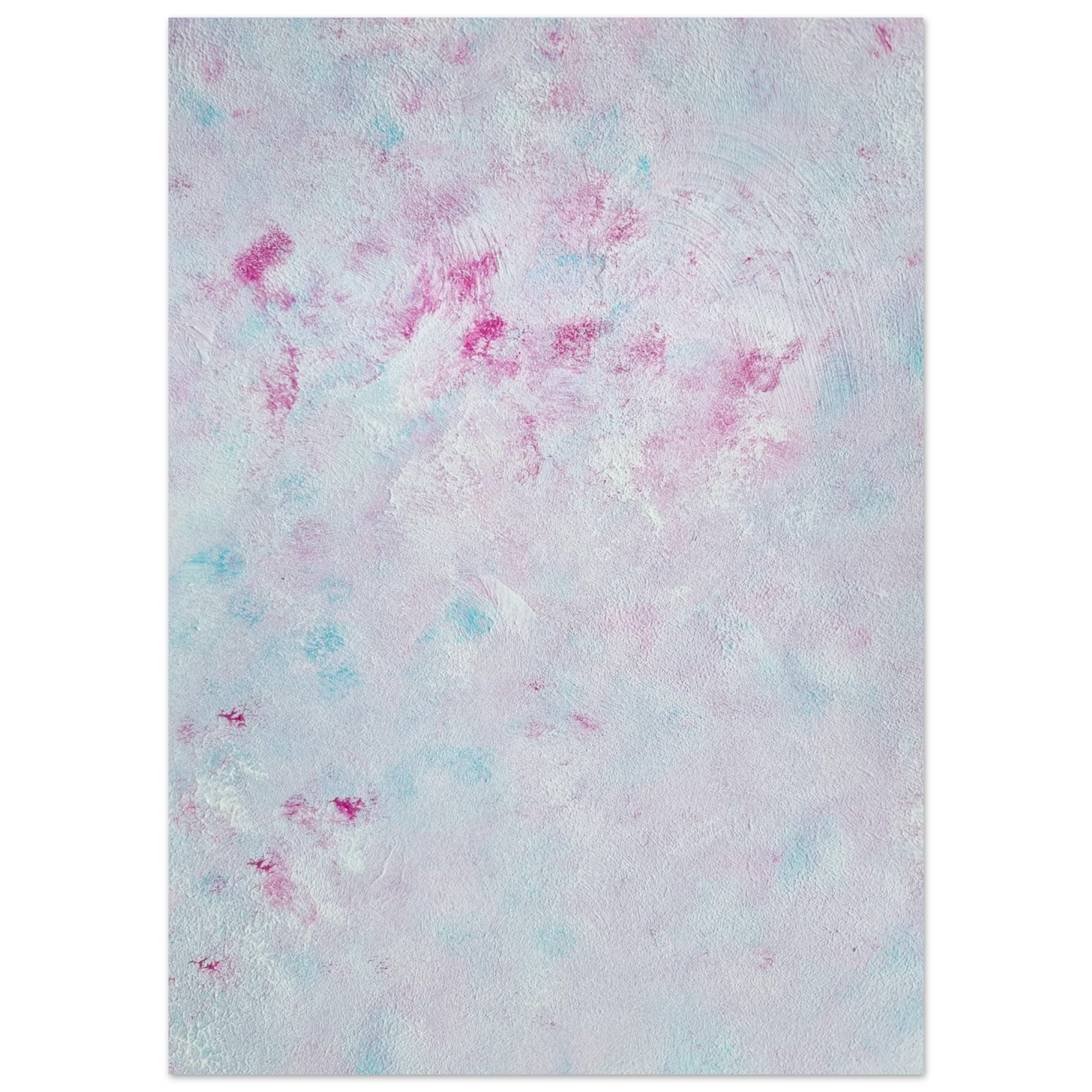 Pastel blue, Feel good one-of-a-kind colorful abstract art poster created from an original painting by up-and-coming scandinavian artist Jeanette Haga as decor against a white wall
