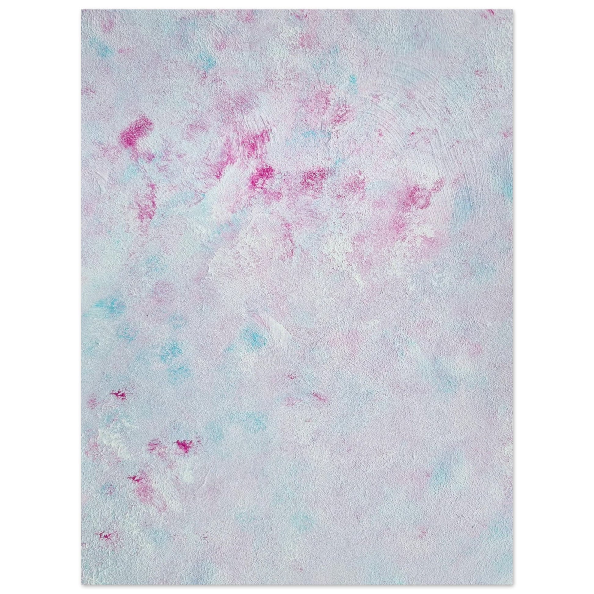 Pastel blue, Feel good one-of-a-kind colorful abstract art poster created from an original painting by up-and-coming scandinavian artist Jeanette Haga as decor against a white wall
