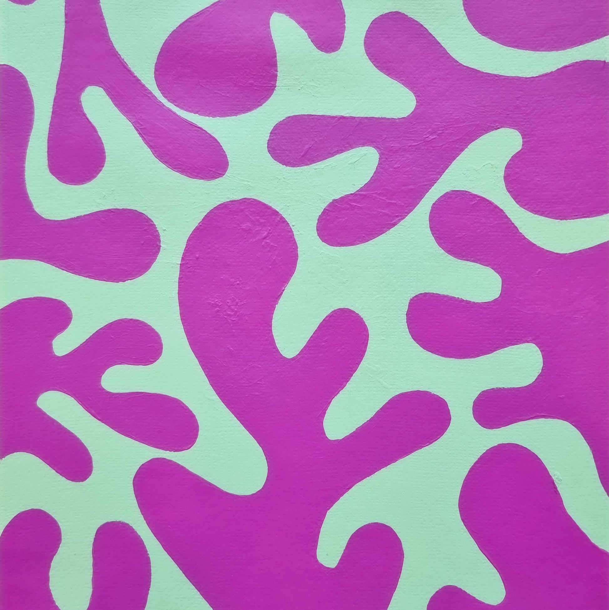 Abstract art print featuring organic, flowing coral-like shapes in mint green on a vibrant magenta-purple background.