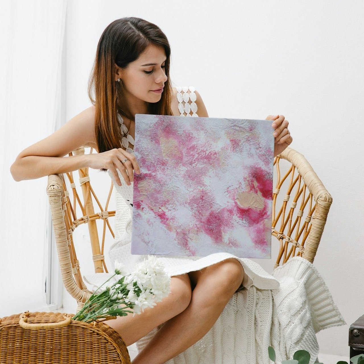 Pink, red and white, Feel good one of one-of-a-kind colorful art poster based on original abstract art created by up-and-coming artist Jeanette Haga as decor for modern home on a white wall
