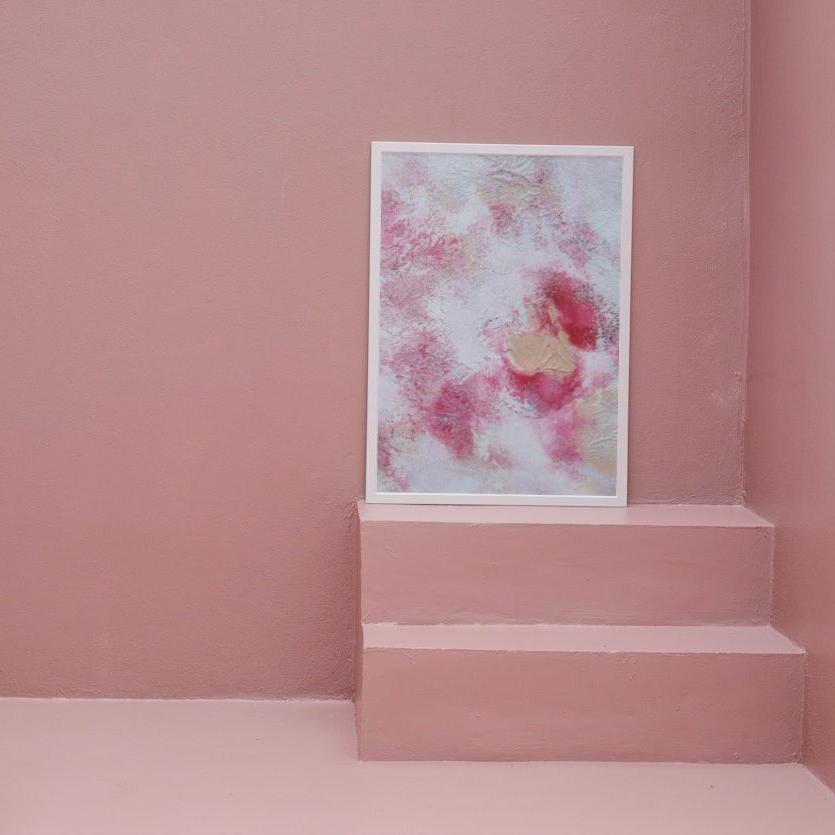 Pink, red and white, Feel good one of one-of-a-kind colorful art poster based on original abstract art created by up-and-coming artist Jeanette Haga as decor for modern home on a white wall
