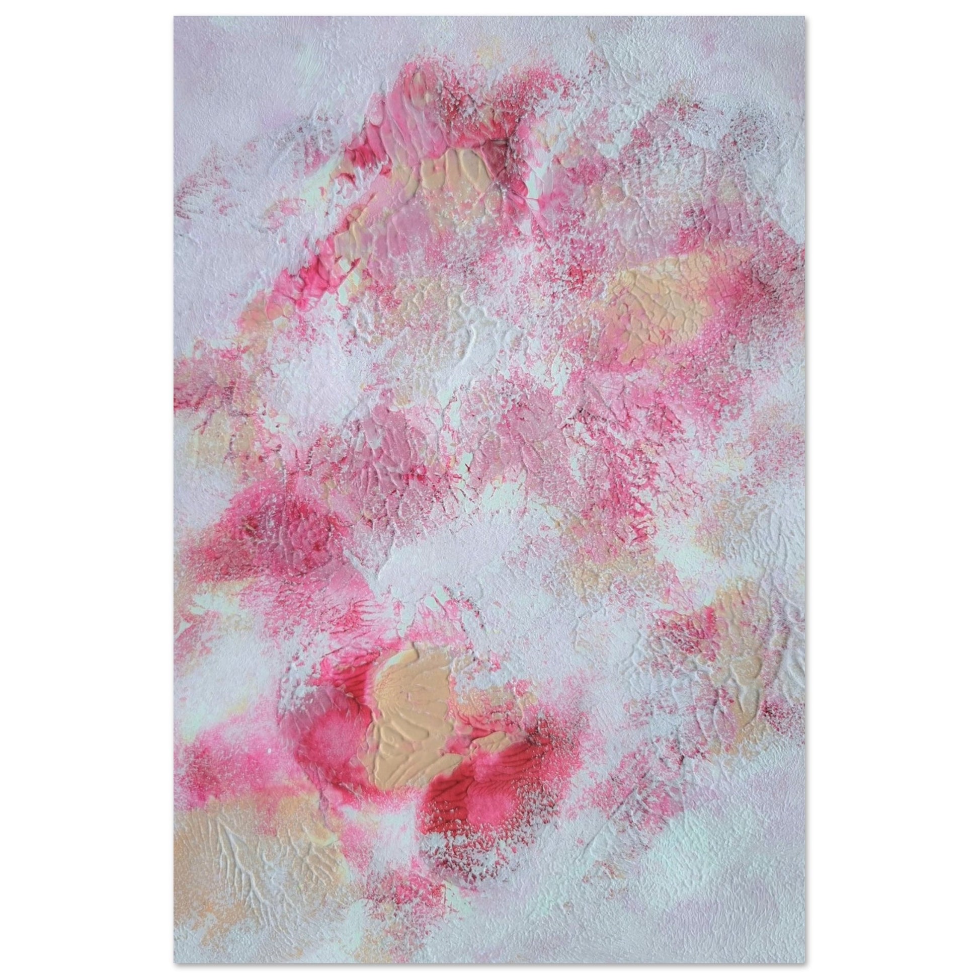 Pink, red and white, Feel good one of one-of-a-kind colorful art poster based on original abstract art created by up-and-coming artist Jeanette Haga as decor for modern home on a white wall
