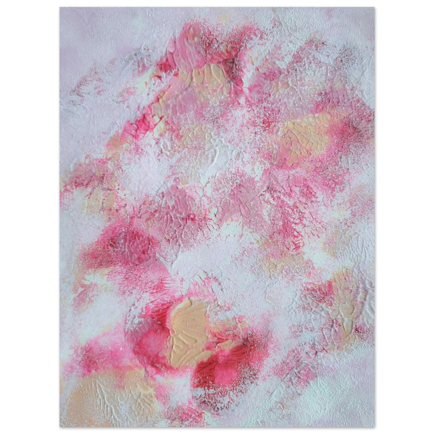 Pink, red and white, Feel good one of one-of-a-kind colorful art poster based on original abstract art created by up-and-coming artist Jeanette Haga as decor for modern home on a white wall
