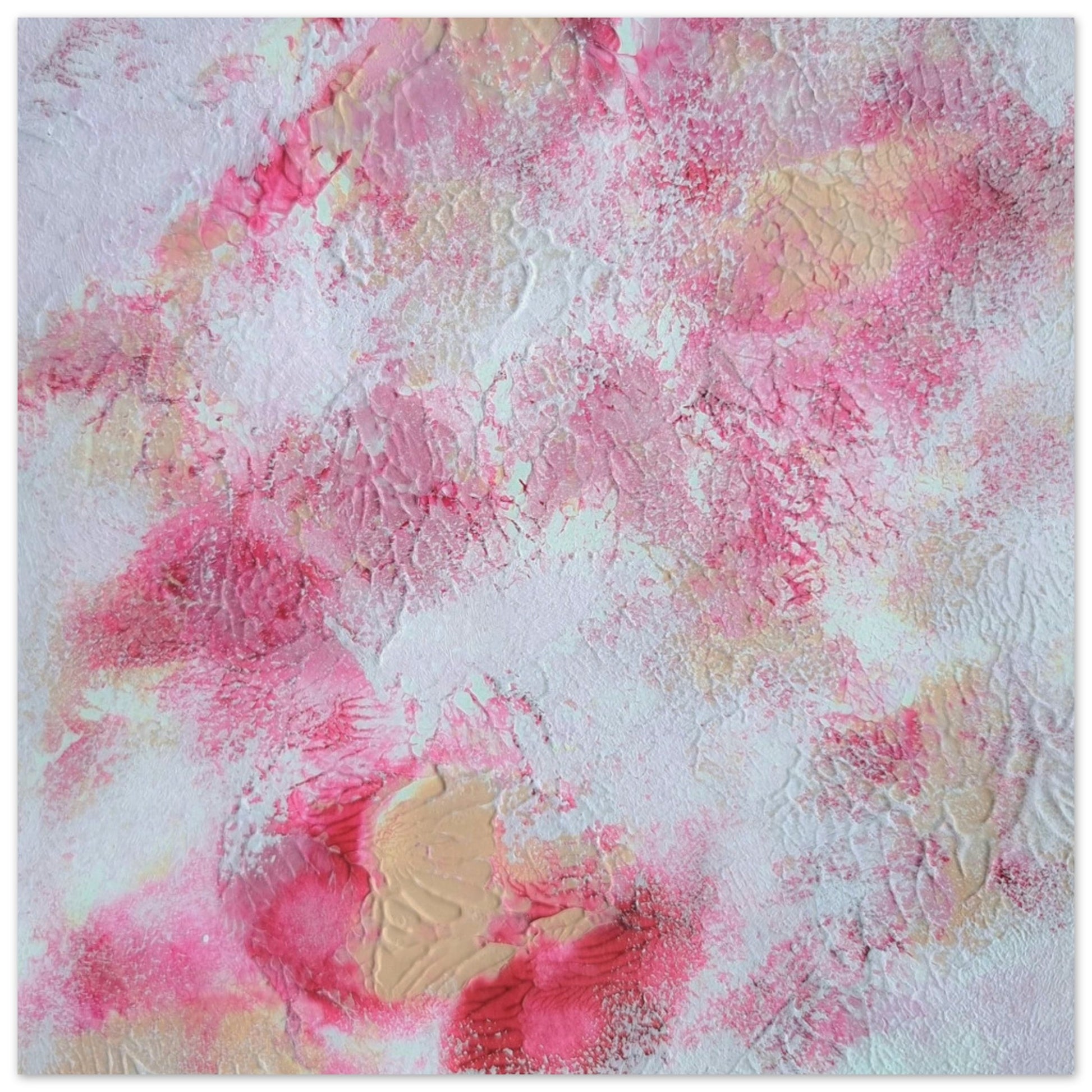 Pink, red and white, Feel good one of one-of-a-kind colorful art poster based on original abstract art created by up-and-coming artist Jeanette Haga as decor for modern home on a white wall
