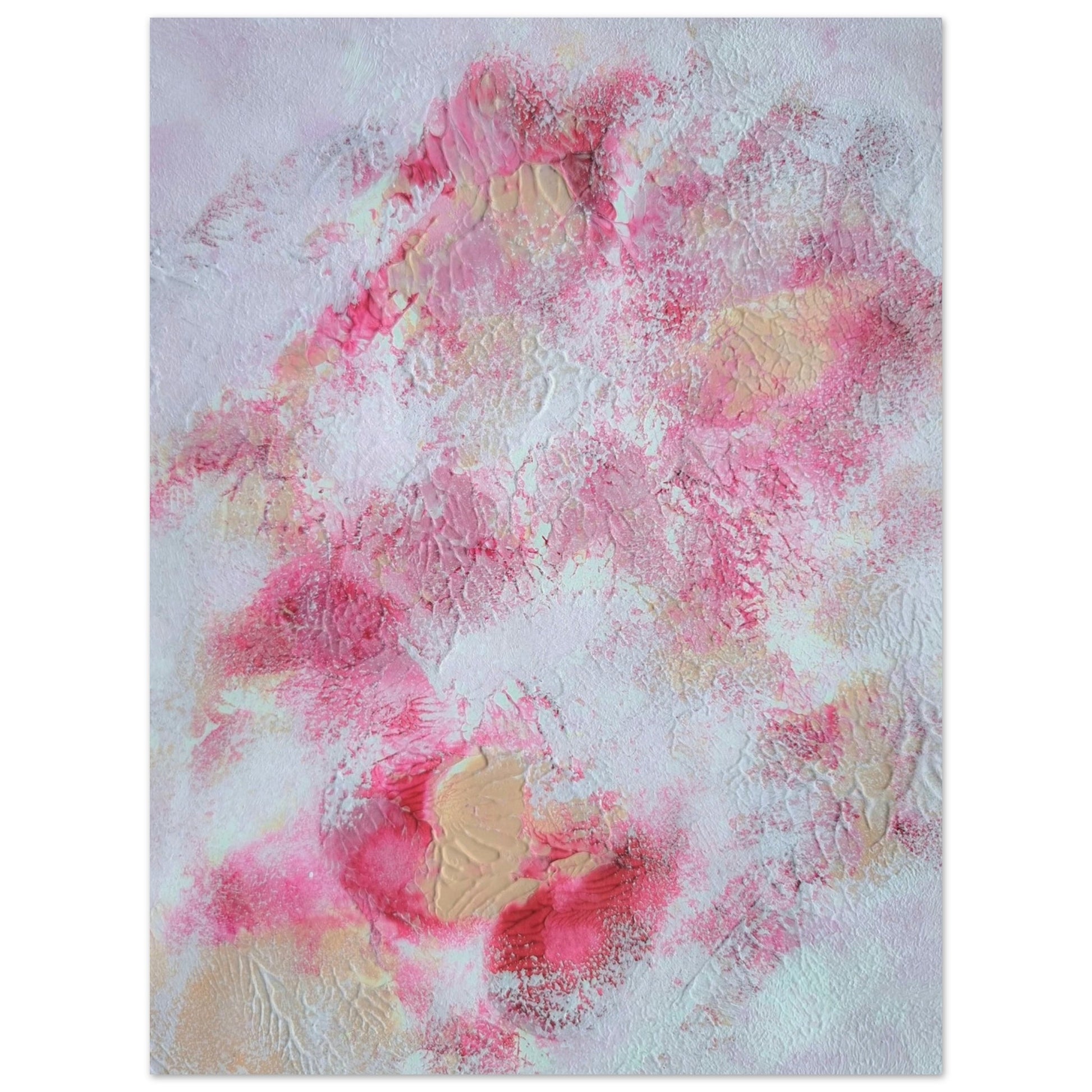 Pink, red and white, Feel good one of one-of-a-kind colorful art poster based on original abstract art created by up-and-coming artist Jeanette Haga as decor for modern home on a white wall
