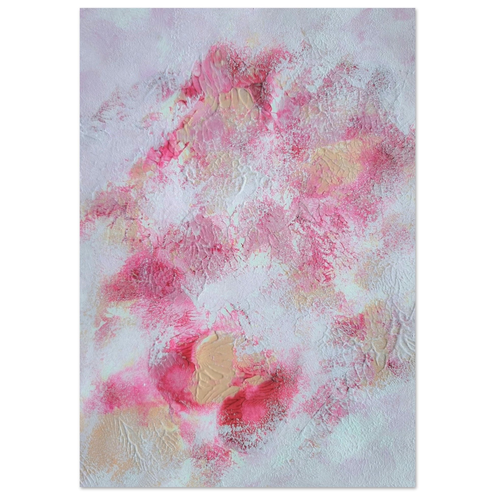 Pink, red and white, Feel good one of one-of-a-kind colorful art poster based on original abstract art created by up-and-coming artist Jeanette Haga as decor for modern home on a white wall

