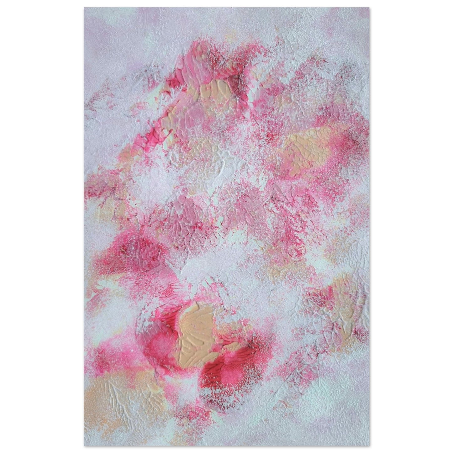 Pink, red and white, Feel good one of one-of-a-kind colorful art poster based on original abstract art created by up-and-coming artist Jeanette Haga as decor for modern home on a white wall
