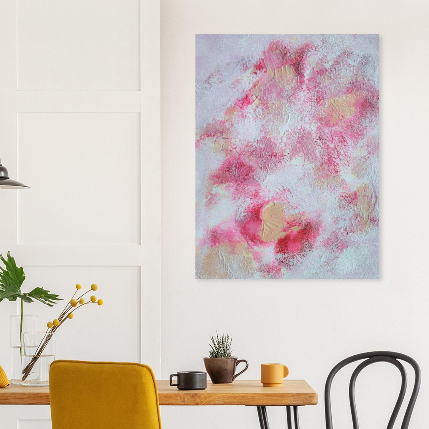 Pink, red and white, Feel good one of one-of-a-kind colorful art poster based on original abstract art created by up-and-coming artist Jeanette Haga as decor for modern home on a white wall
