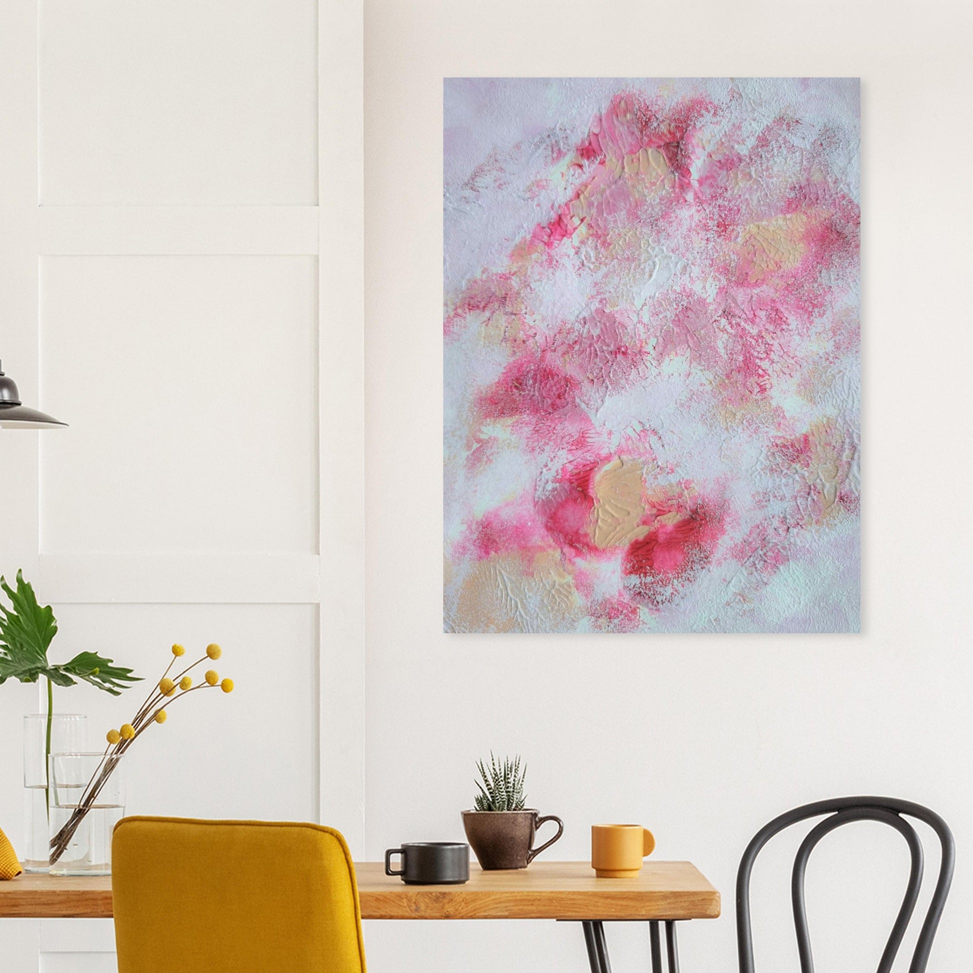 Pink, red and white, Feel good one of one-of-a-kind colorful art poster based on original abstract art created by up-and-coming artist Jeanette Haga as decor for modern home on a white wall
