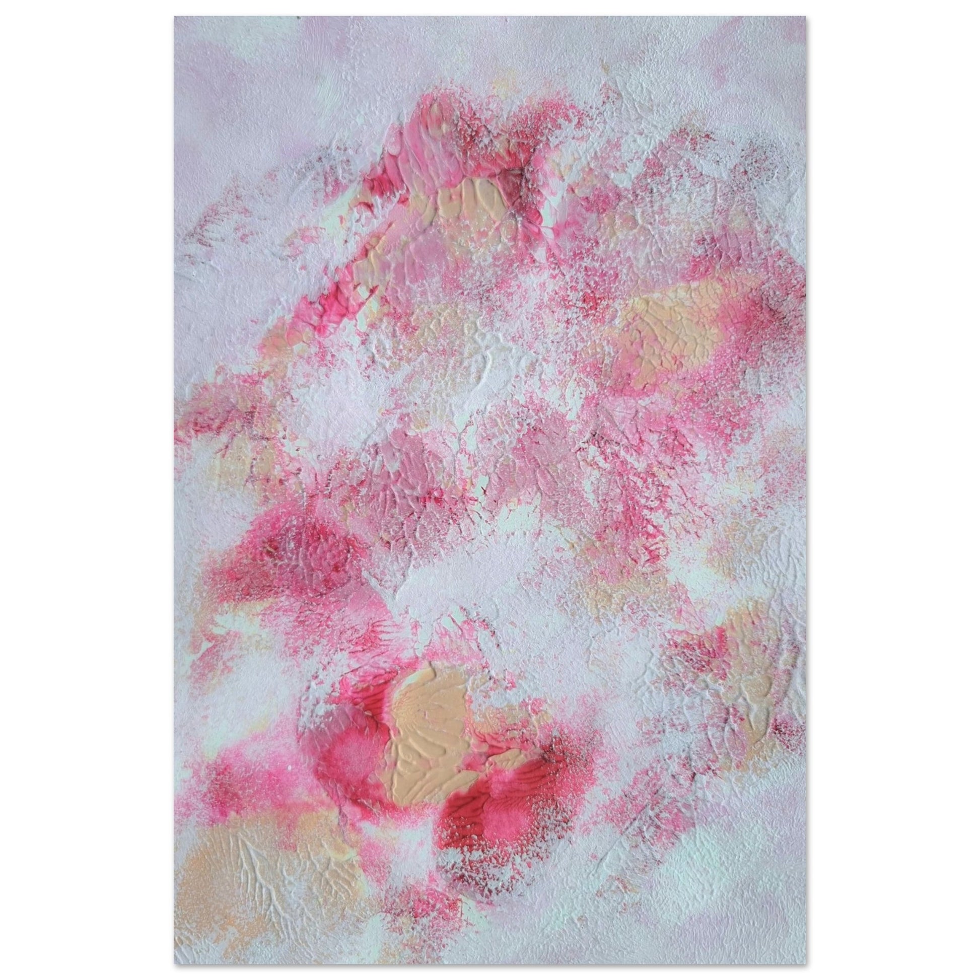 Pink, red and white, Feel good one of one-of-a-kind colorful art poster based on original abstract art created by up-and-coming artist Jeanette Haga as decor for modern home on a white wall
