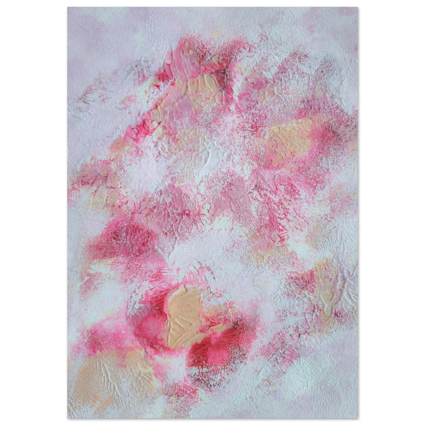 Pink, red and white, Feel good one of one-of-a-kind colorful art poster based on original abstract art created by up-and-coming artist Jeanette Haga as decor for modern home on a white wall
