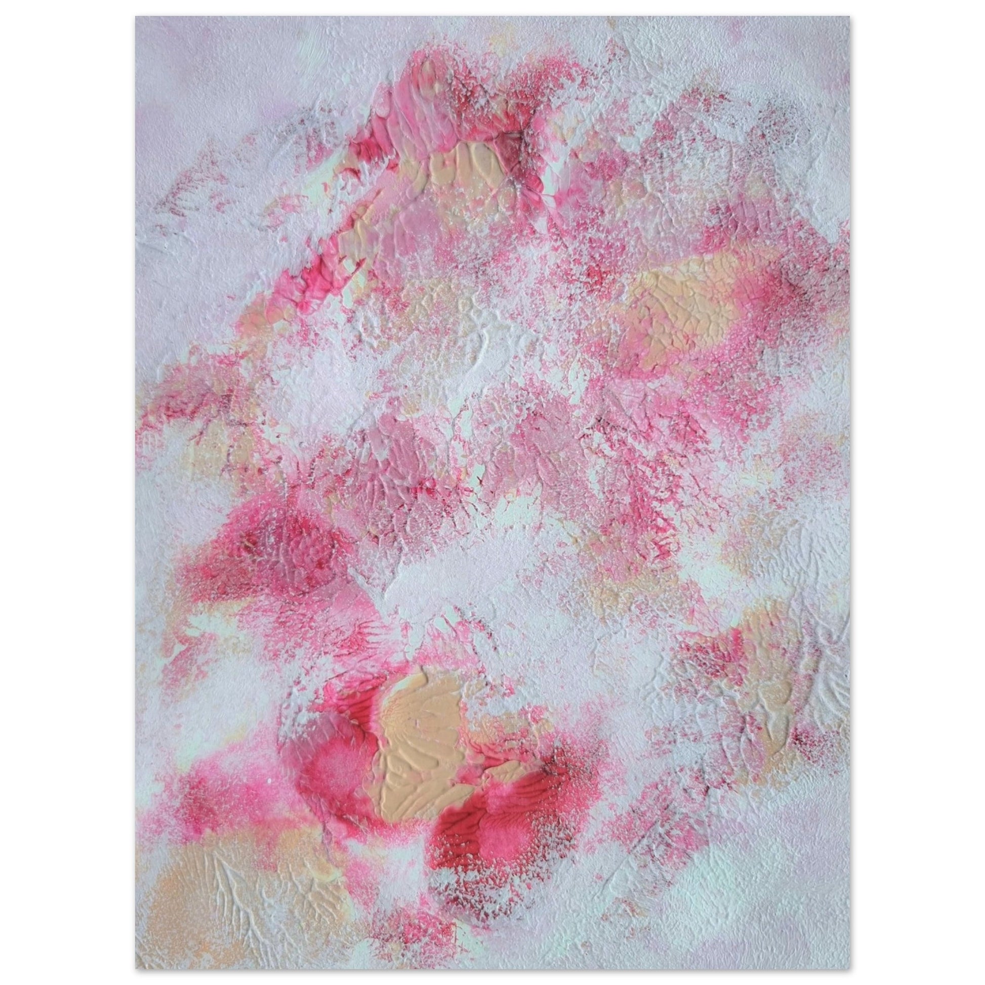 Pink, red and white, Feel good one of one-of-a-kind colorful art poster based on original abstract art created by up-and-coming artist Jeanette Haga as decor for modern home on a white wall
