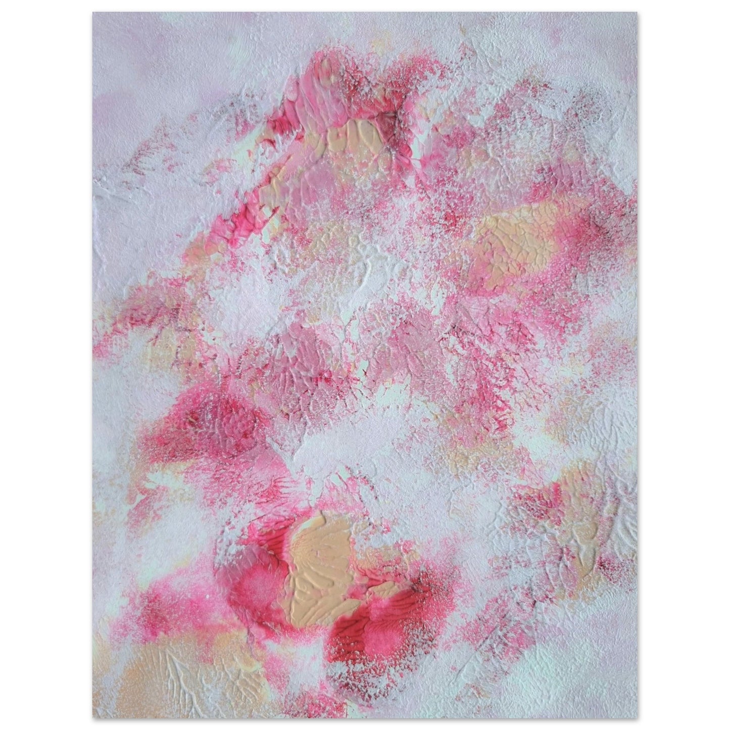 Pink, red and white, Feel good one of one-of-a-kind colorful art poster based on original abstract art created by up-and-coming artist Jeanette Haga as decor for modern home on a white wall
