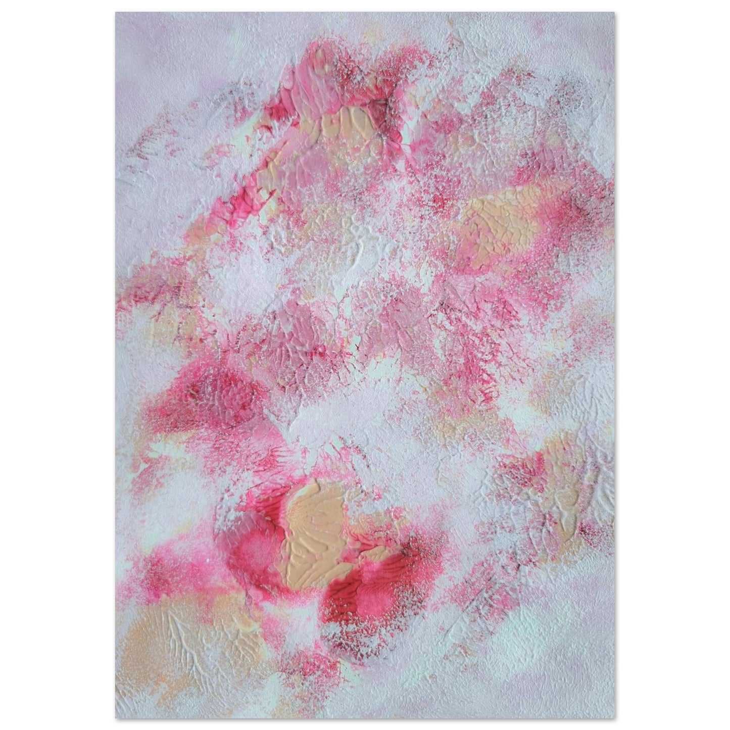 Pink, red and white, Feel good one of one-of-a-kind colorful art poster based on original abstract art created by up-and-coming artist Jeanette Haga as decor for modern home on a white wall
