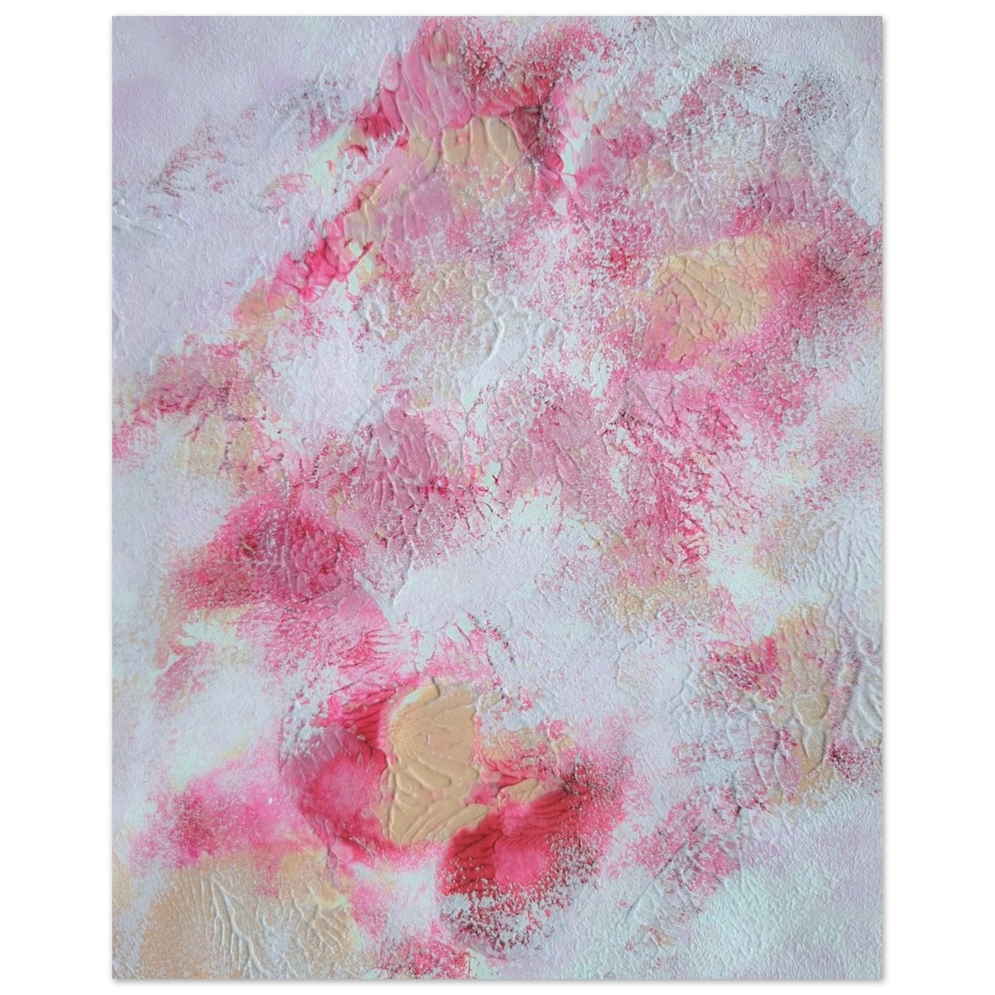 Pink, red and white, Feel good one of one-of-a-kind colorful art poster based on original abstract art created by up-and-coming artist Jeanette Haga as decor for modern home on a white wall
