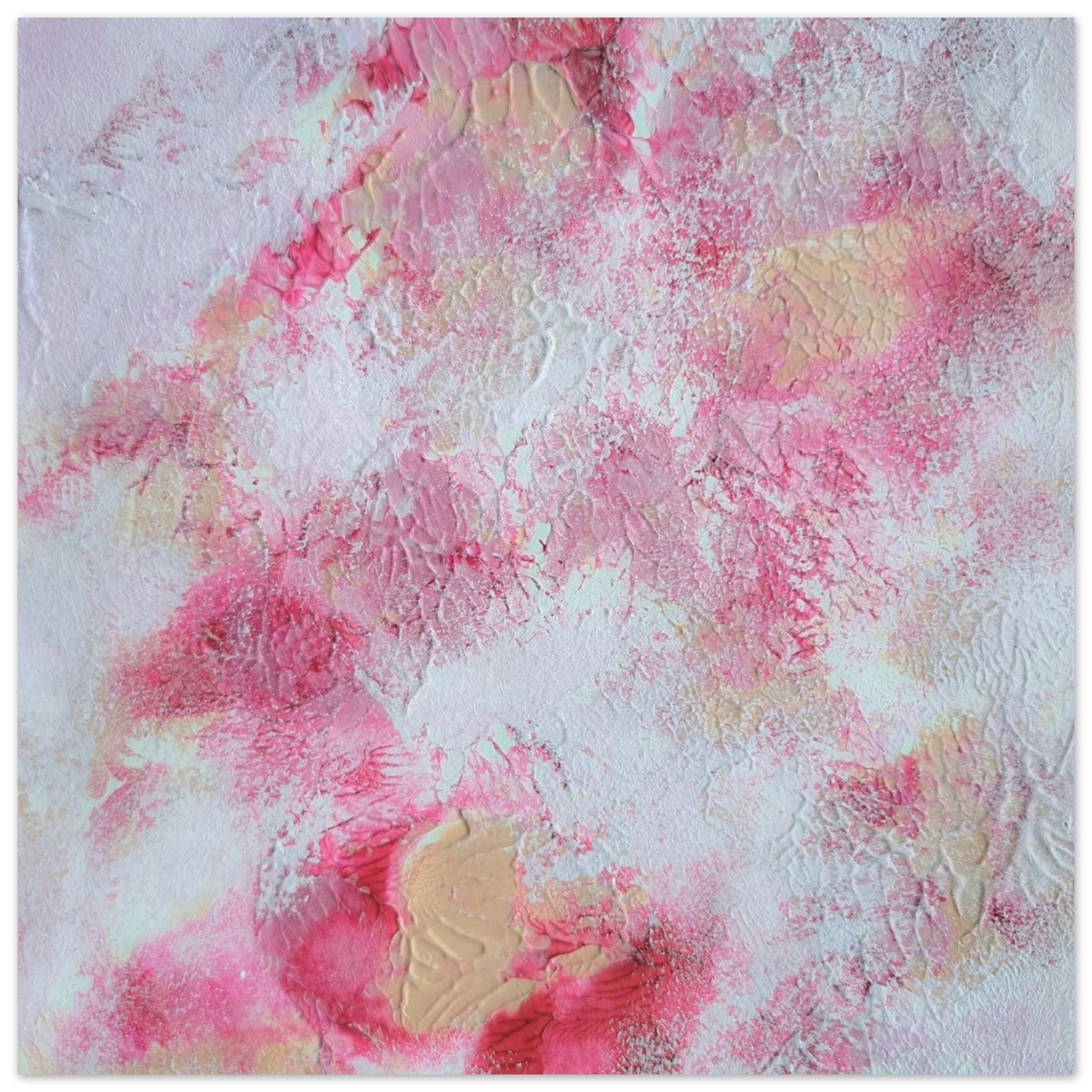 Pink, red and white, Feel good one of one-of-a-kind colorful art poster based on original abstract art created by up-and-coming artist Jeanette Haga as decor for modern home on a white wall
