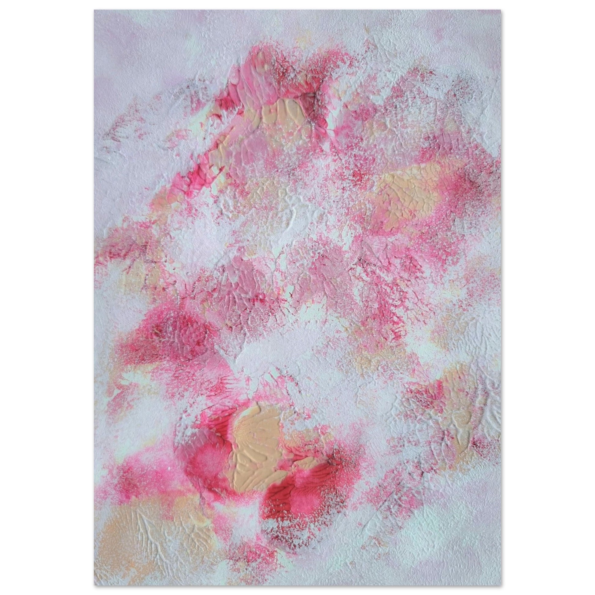 Pink, red and white, Feel good one of one-of-a-kind colorful art poster based on original abstract art created by up-and-coming artist Jeanette Haga as decor for modern home on a white wall
