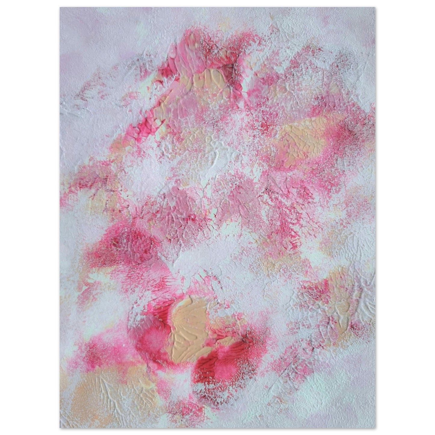 Pink, red and white, Feel good one of one-of-a-kind colorful art poster based on original abstract art created by up-and-coming artist Jeanette Haga as decor for modern home on a white wall
