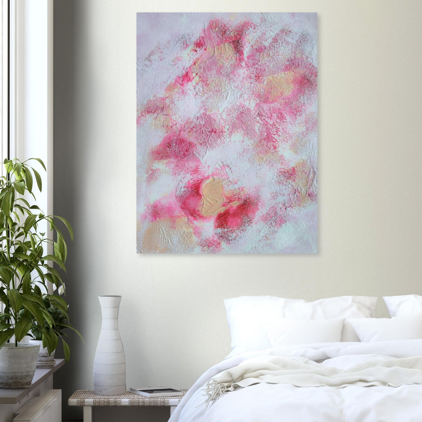 Pink, red and white, Feel good one of one-of-a-kind colorful art poster based on original abstract art created by up-and-coming artist Jeanette Haga as decor for modern home on a white wall
