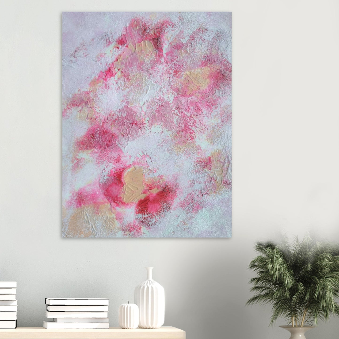 Pink, red and white, Feel good one of one-of-a-kind colorful art poster based on original abstract art created by up-and-coming artist Jeanette Haga as decor for modern home on a white wall
