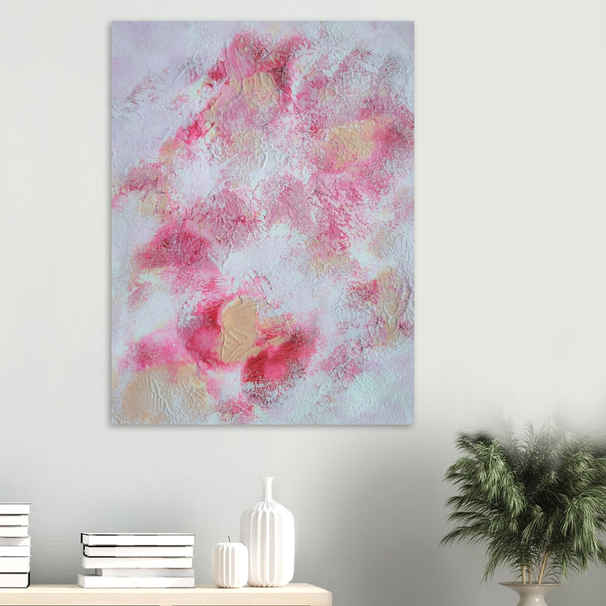 Pink, red and white, Feel good one of one-of-a-kind colorful art poster based on original abstract art created by up-and-coming artist Jeanette Haga as decor for modern home on a white wall
