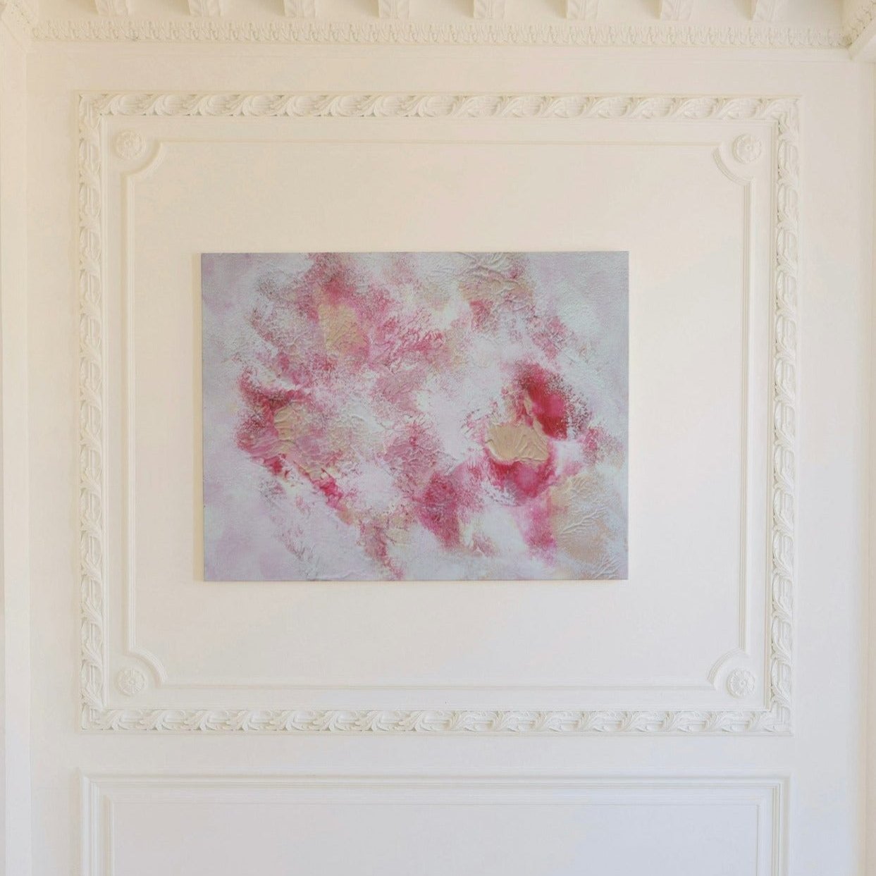 Pink, red and white, Feel good one of one-of-a-kind colorful art poster based on original abstract art created by up-and-coming artist Jeanette Haga as decor for modern home on a white wall
