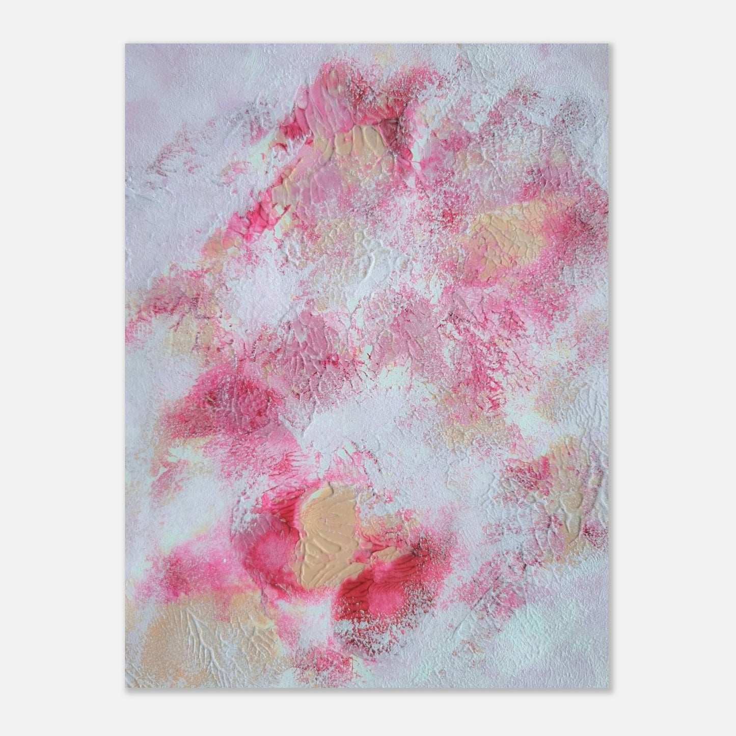 Pink, red and white, Feel good one of one-of-a-kind colorful art poster based on original abstract art created by up-and-coming artist Jeanette Haga as decor for modern home on a white wall
