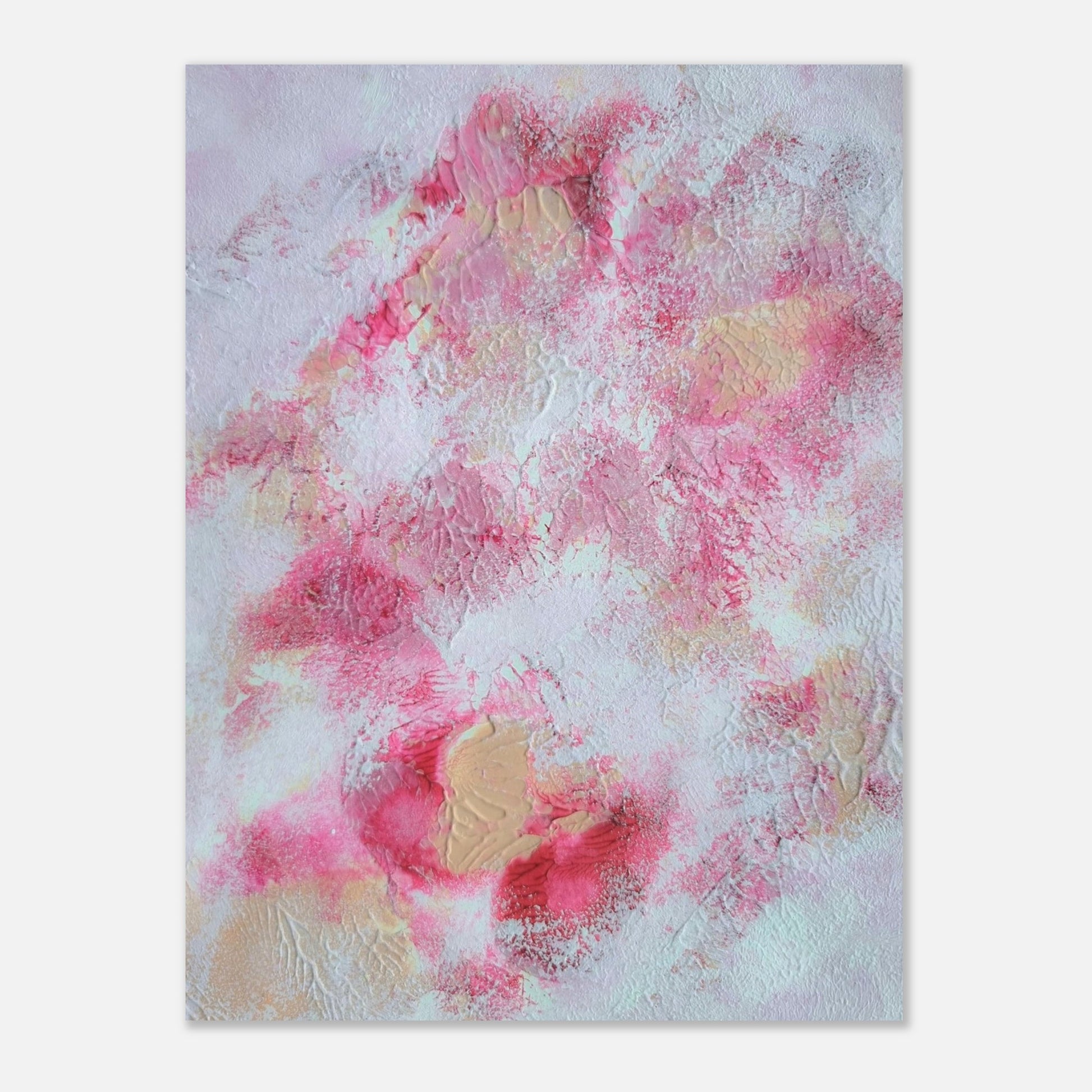 Pink, red and white, Feel good one of one-of-a-kind colorful art poster based on original abstract art created by up-and-coming artist Jeanette Haga as decor for modern home on a white wall
