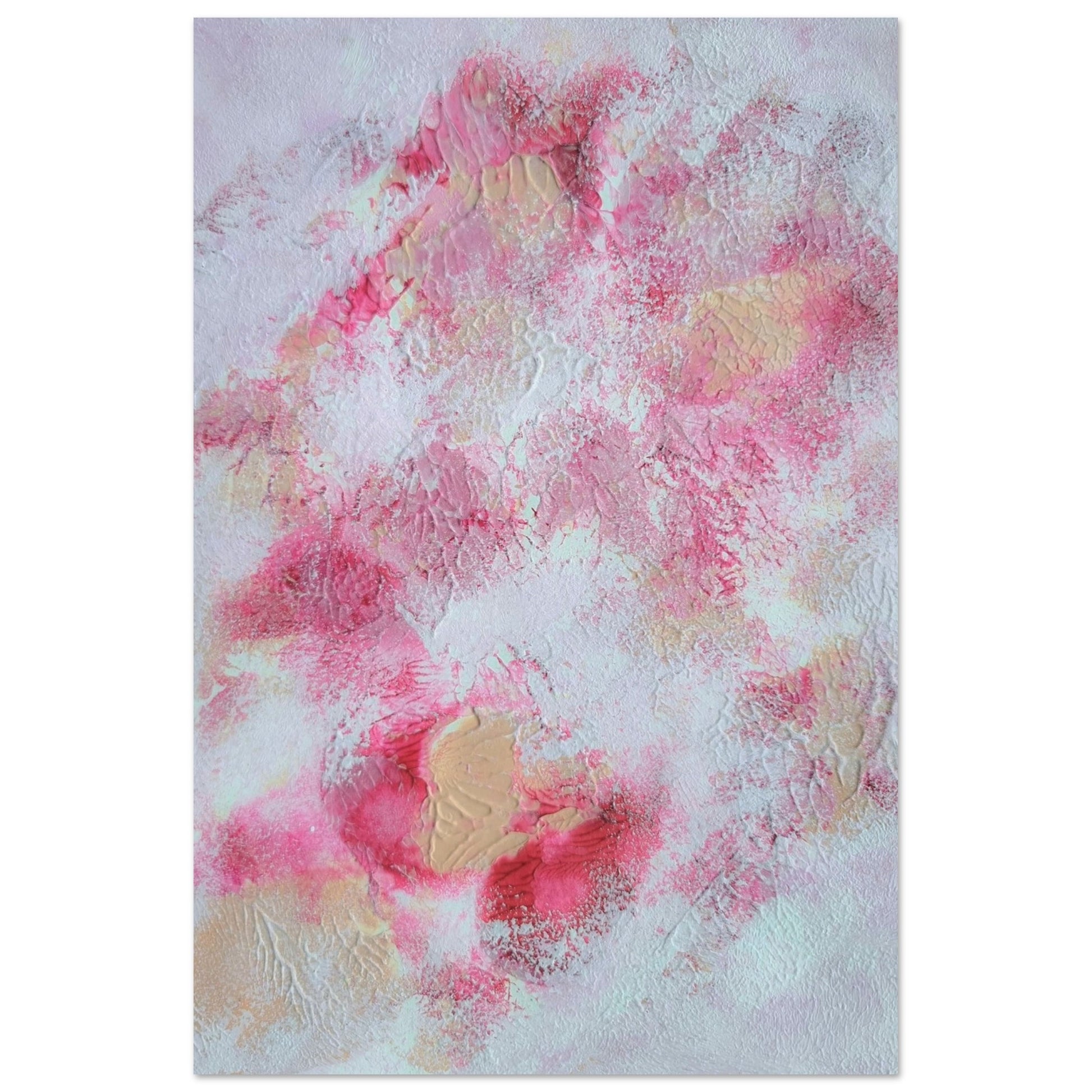 Pink, red and white, Feel good one of one-of-a-kind colorful art poster based on original abstract art created by up-and-coming artist Jeanette Haga as decor for modern home on a white wall
