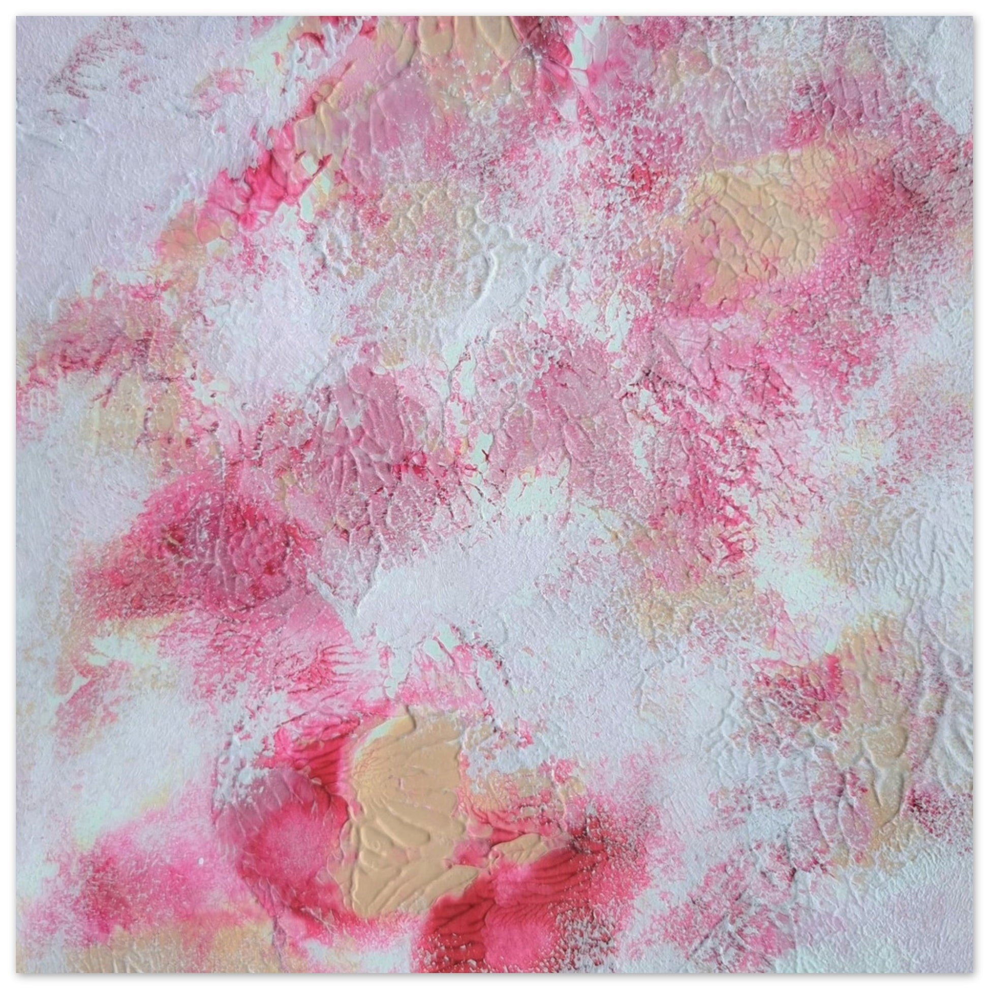 Pink, red and white, Feel good one of one-of-a-kind colorful art poster based on original abstract art created by up-and-coming artist Jeanette Haga as decor for modern home on a white wall
