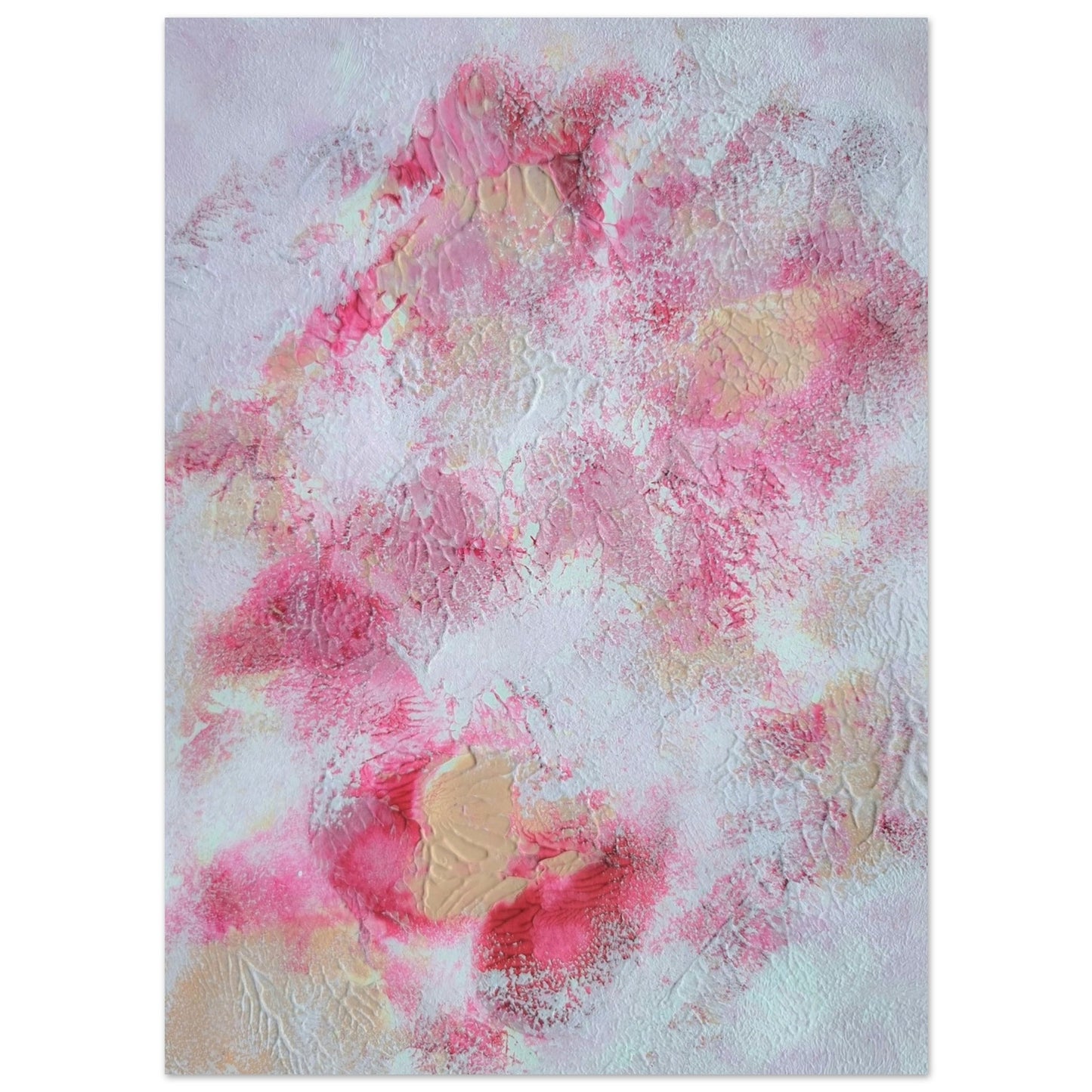 Pink, red and white, Feel good one of one-of-a-kind colorful art poster based on original abstract art created by up-and-coming artist Jeanette Haga as decor for modern home on a white wall
