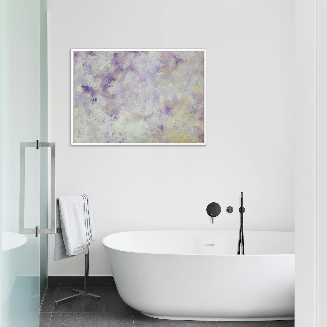 Purple, Feel good one of one-of-a-kind colorful art poster based on original abstract art created by up-and-coming artist Scandinavian Jeanette Haga as decor in a modern minimalistic bathroom