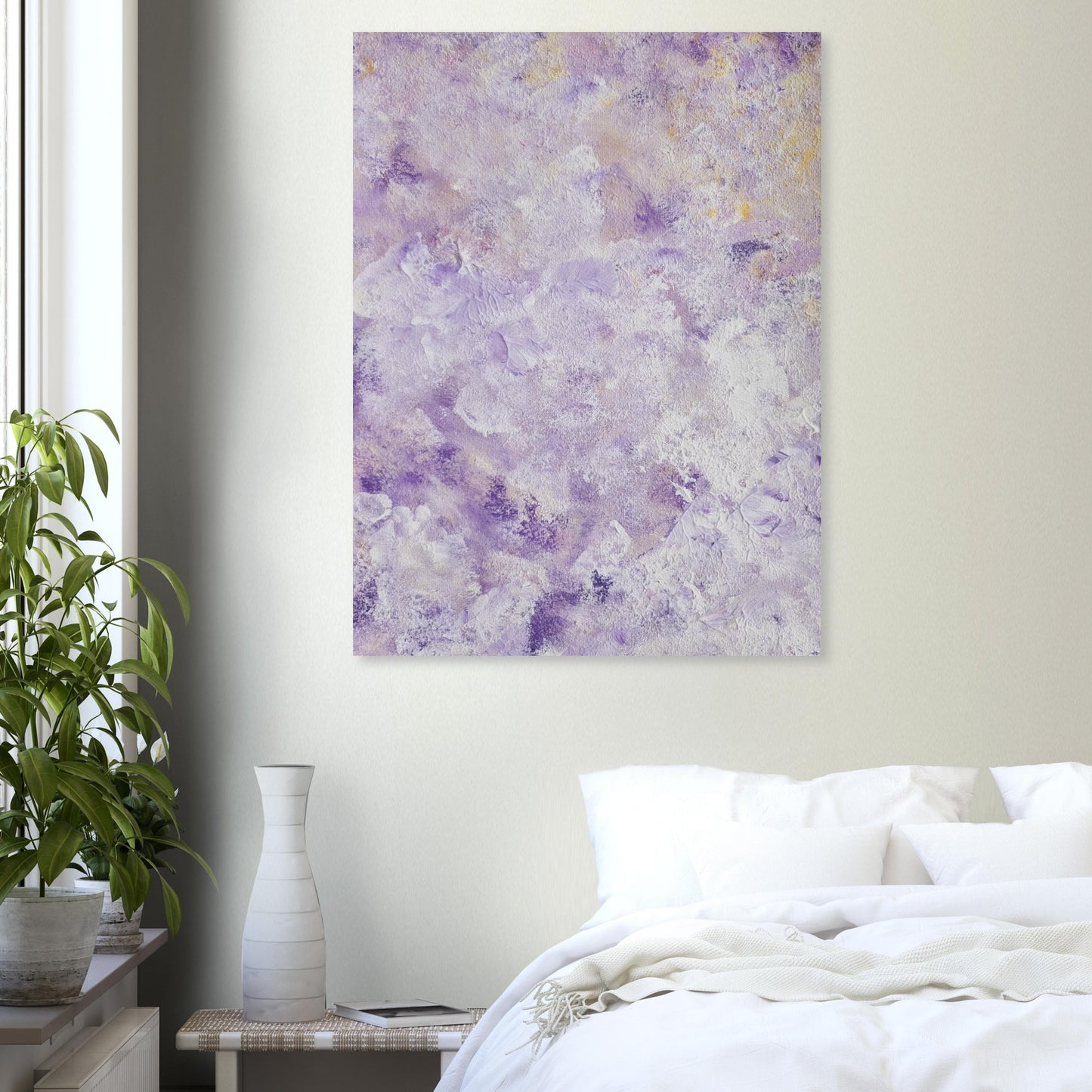 Purple, Feel good one of one-of-a-kind colorful art poster based on original abstract art created by up-and-coming artist Scandinavian Jeanette Haga as decor in a modern bed room