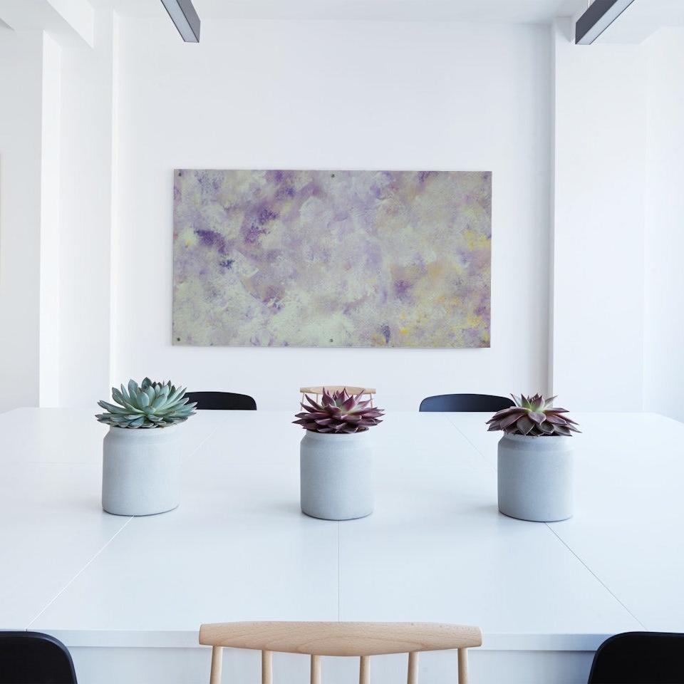 Purple, Feel good one of one-of-a-kind colorful art poster based on original abstract art created by up-and-coming artist Scandinavian Jeanette Haga as decor in a modern dining room
