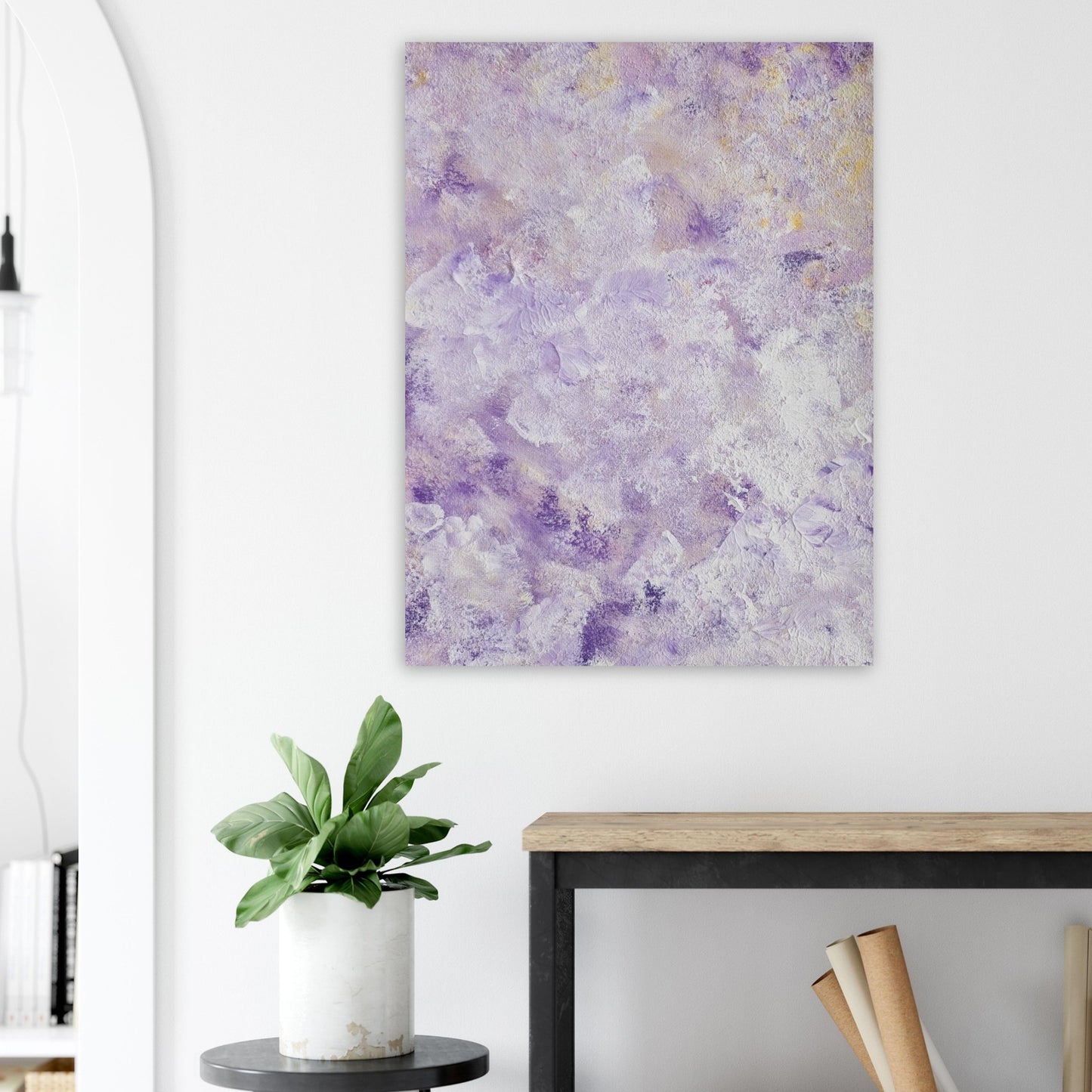 Purple, Feel good one of one-of-a-kind colorful art poster based on original abstract art created by up-and-coming artist Scandinavian Jeanette Haga as decor in a modern hallway