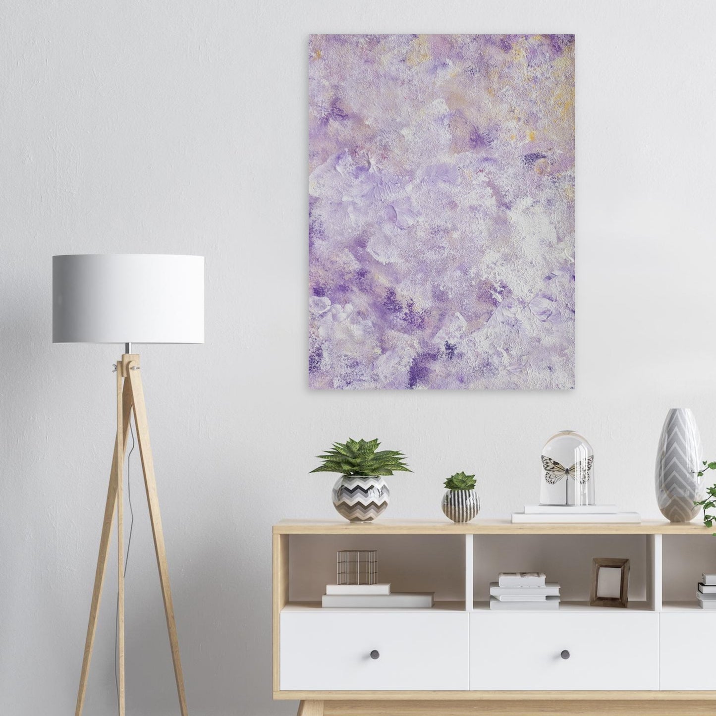 Purple, Feel good one of one-of-a-kind colorful art poster based on original abstract art created by up-and-coming artist Scandinavian Jeanette Haga as decor in a modern living room