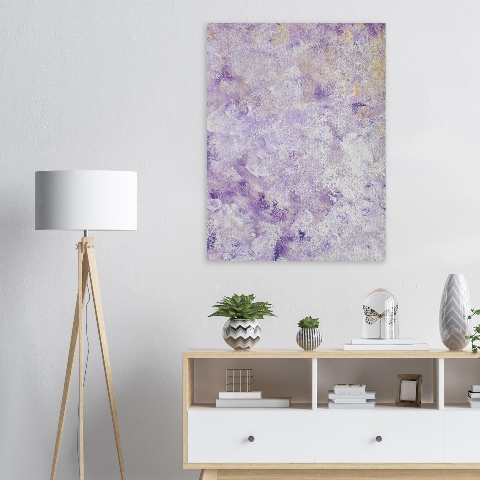 Purple, Feel good one of one-of-a-kind colorful art poster based on original abstract art created by up-and-coming artist Scandinavian Jeanette Haga as decor in a modern living room