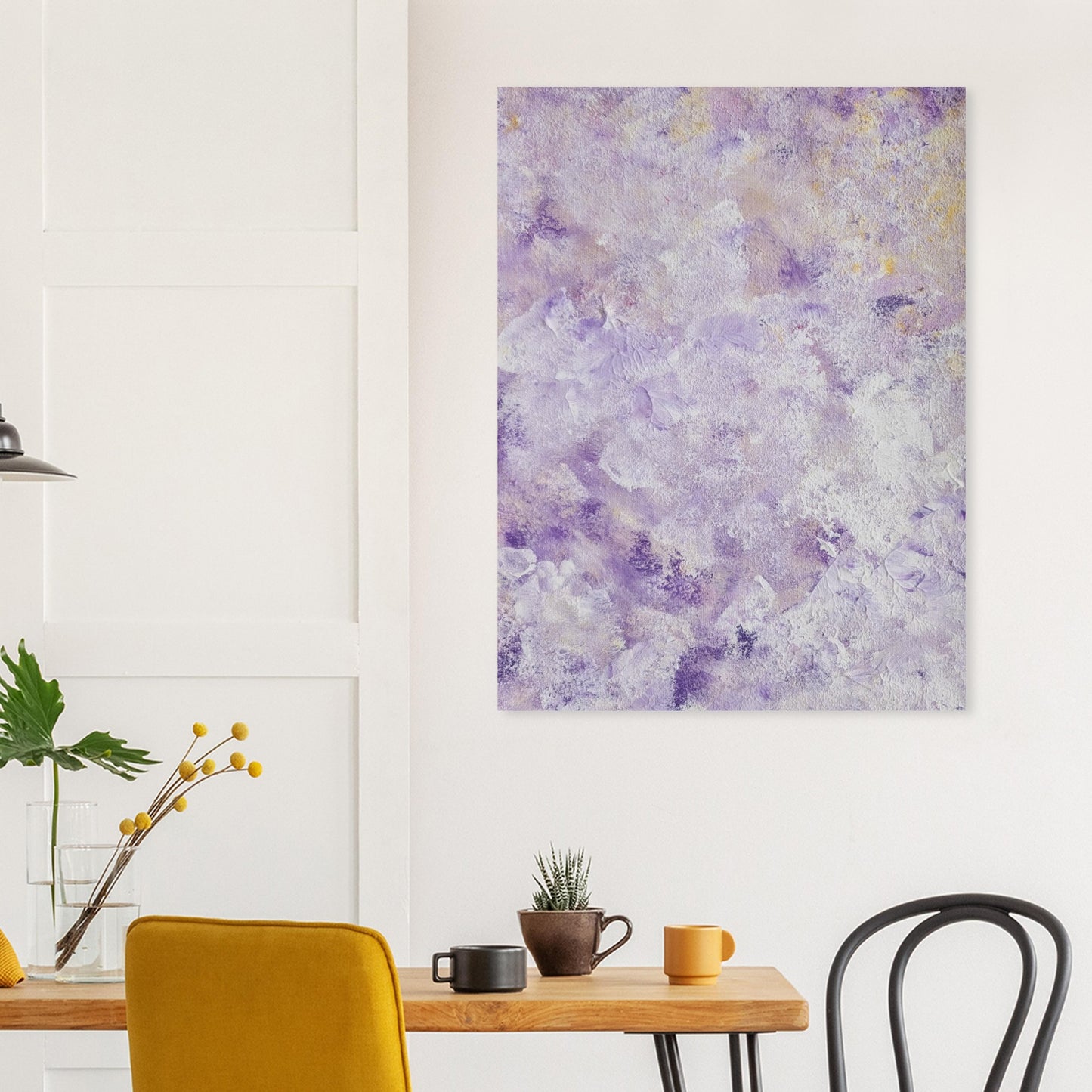 Purple, Feel good one of one-of-a-kind colorful art poster based on original abstract art created by up-and-coming artist Scandinavian Jeanette Haga as decor in a modern kitchen