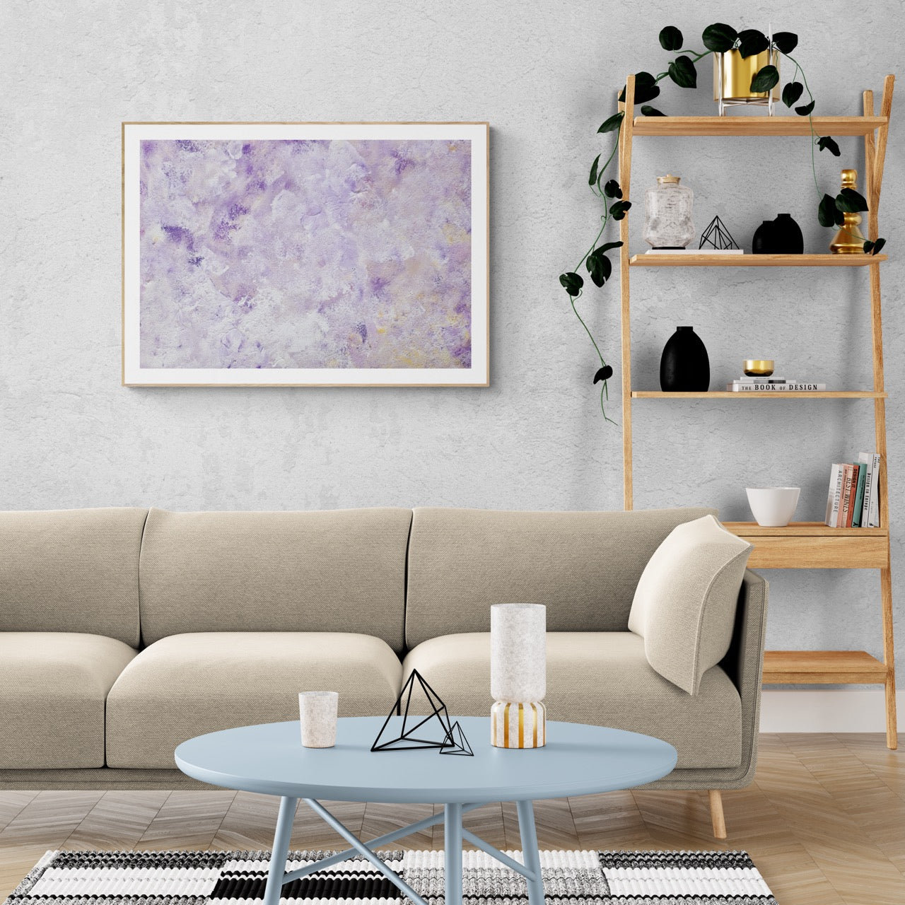 Purple, Feel good one of one-of-a-kind colorful art poster based on original abstract art created by up-and-coming artist Scandinavian Jeanette Haga as decor in a modern home living room