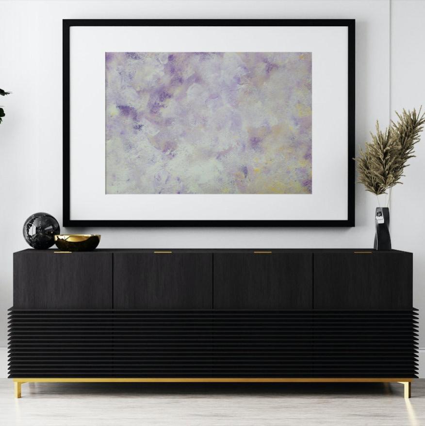 Purple, Feel good one of one-of-a-kind colorful art poster based on original abstract art created by up-and-coming artist Scandinavian Jeanette Haga as decor in a modern living room